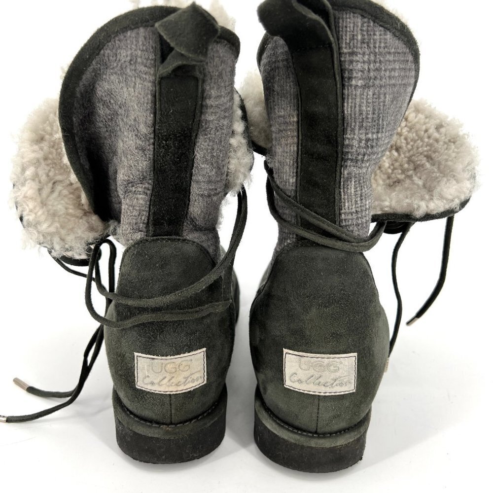 UGG Byanca Gray Suede Leather Sherpa Plaid Foldover‎ Button Boots Size 6 - Picture 6 of 10